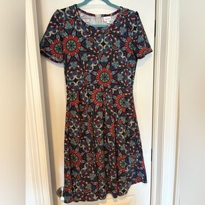Lularoe Amelia Dress, size M. Navy, colorful flower pattern.